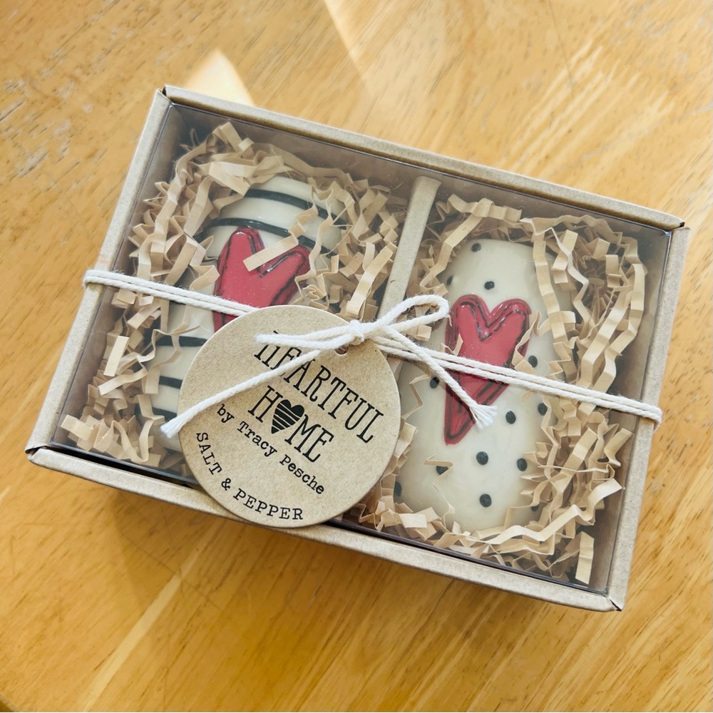 Heartfelt Home black & white polka dot stripe red heart Salt & Pepper Shaker Set